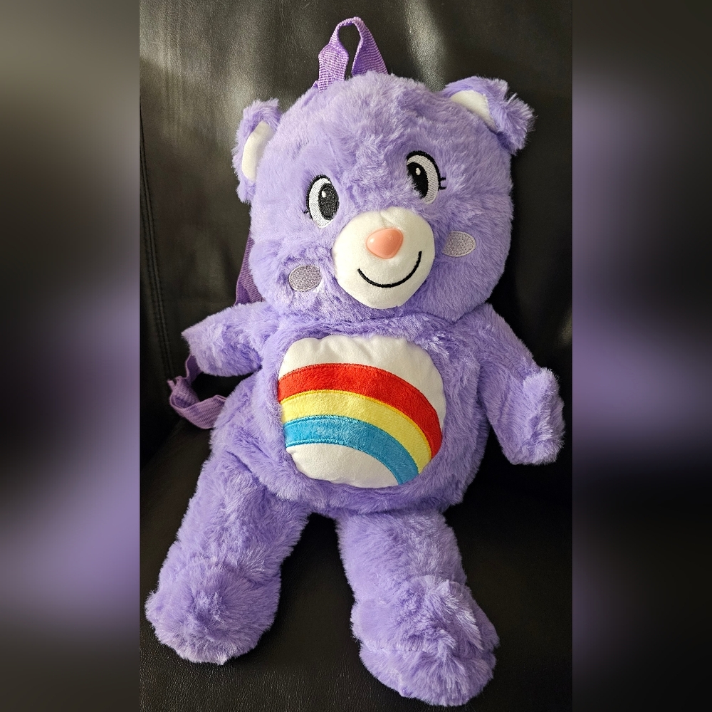 Lavender Plush Care Bear Backpack with Rainbow Belly NWOT 17 inches Long